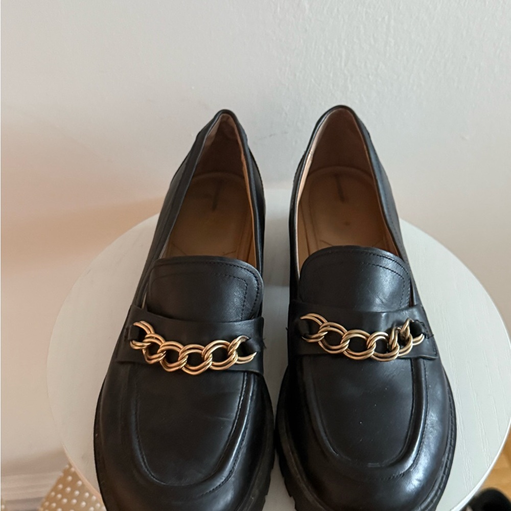 Sam Edelman Black Loafers with Gold Chain Accent